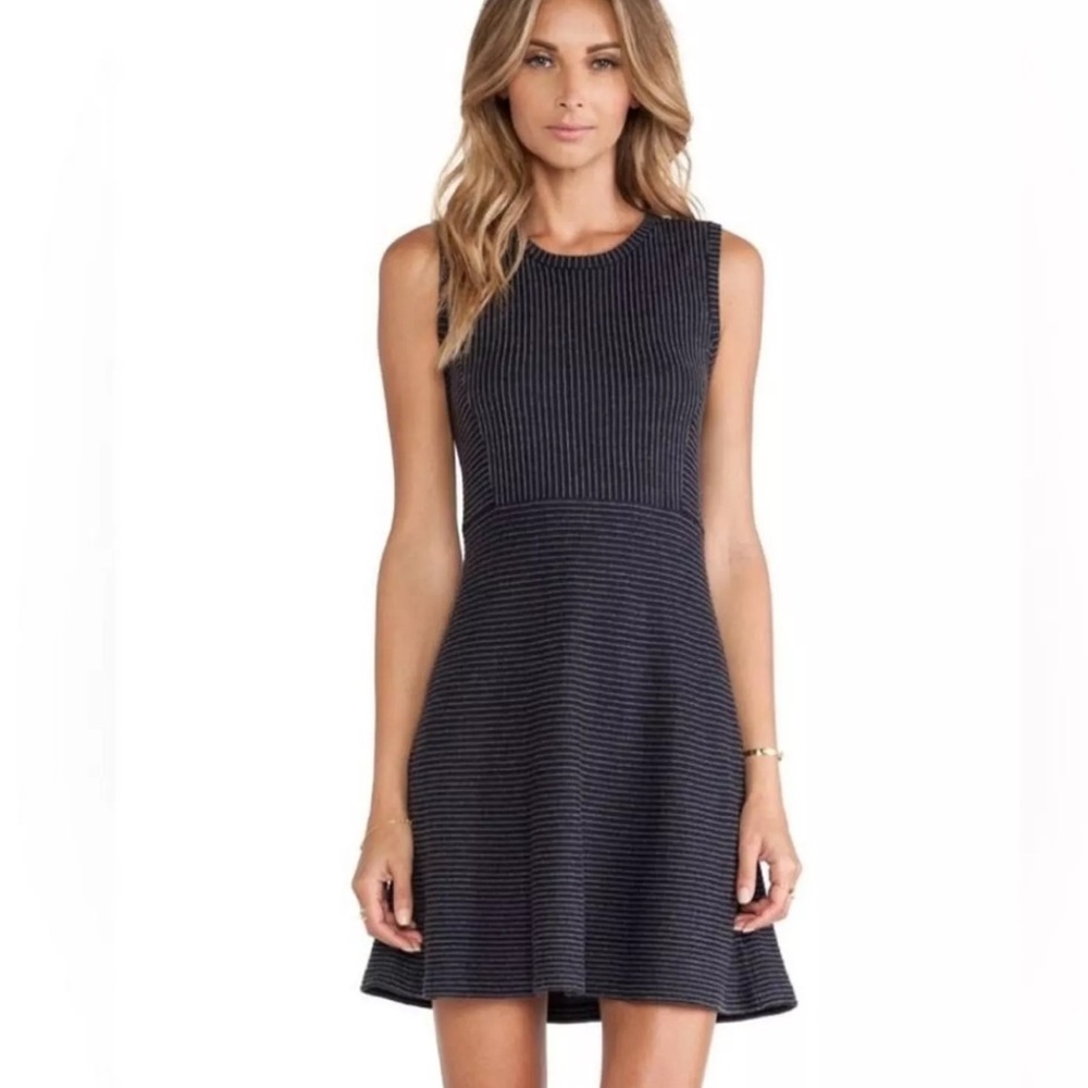 Theory Randria Evian Stretch Wool Navy A-Line Stripe Dress